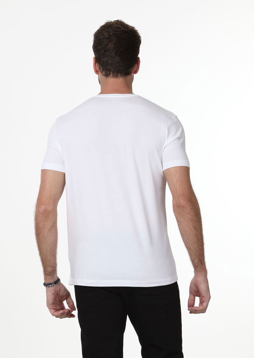 Beyaz Düz V Yaka Pamuk Karışımlı T-Shirt - 4