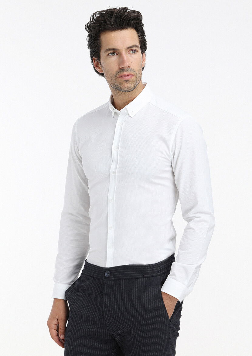 Beyaz Fitilli Regular Fit Dokuma Casual %100 Pamuk Gömlek - 2