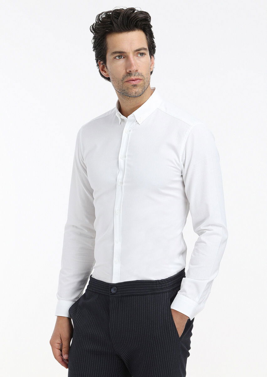Beyaz Fitilli Regular Fit Dokuma Casual %100 Pamuk Gömlek - 2