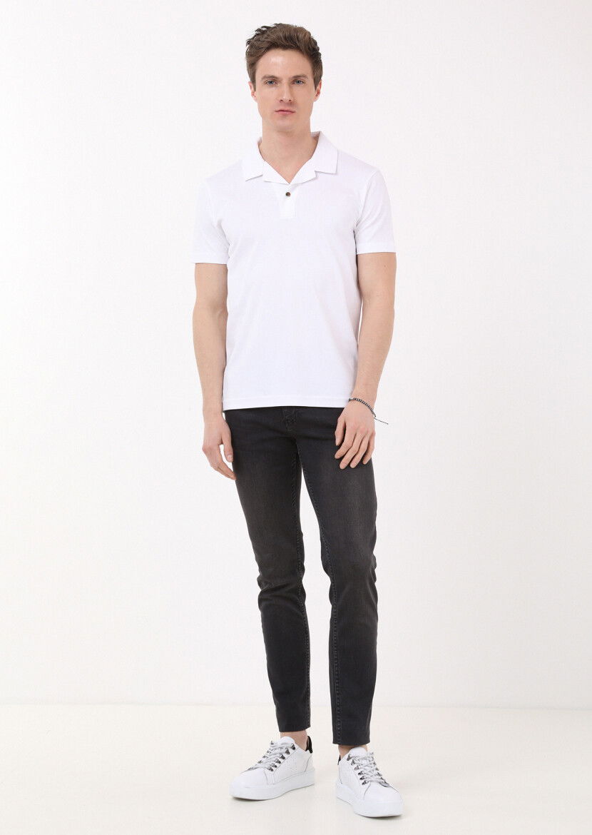 Beyaz Jakarlı Küba Yaka %100 Pamuk T-Shirt - 4