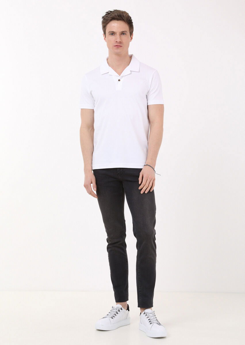 Beyaz Jakarlı Küba Yaka %100 Pamuk T-Shirt - 4