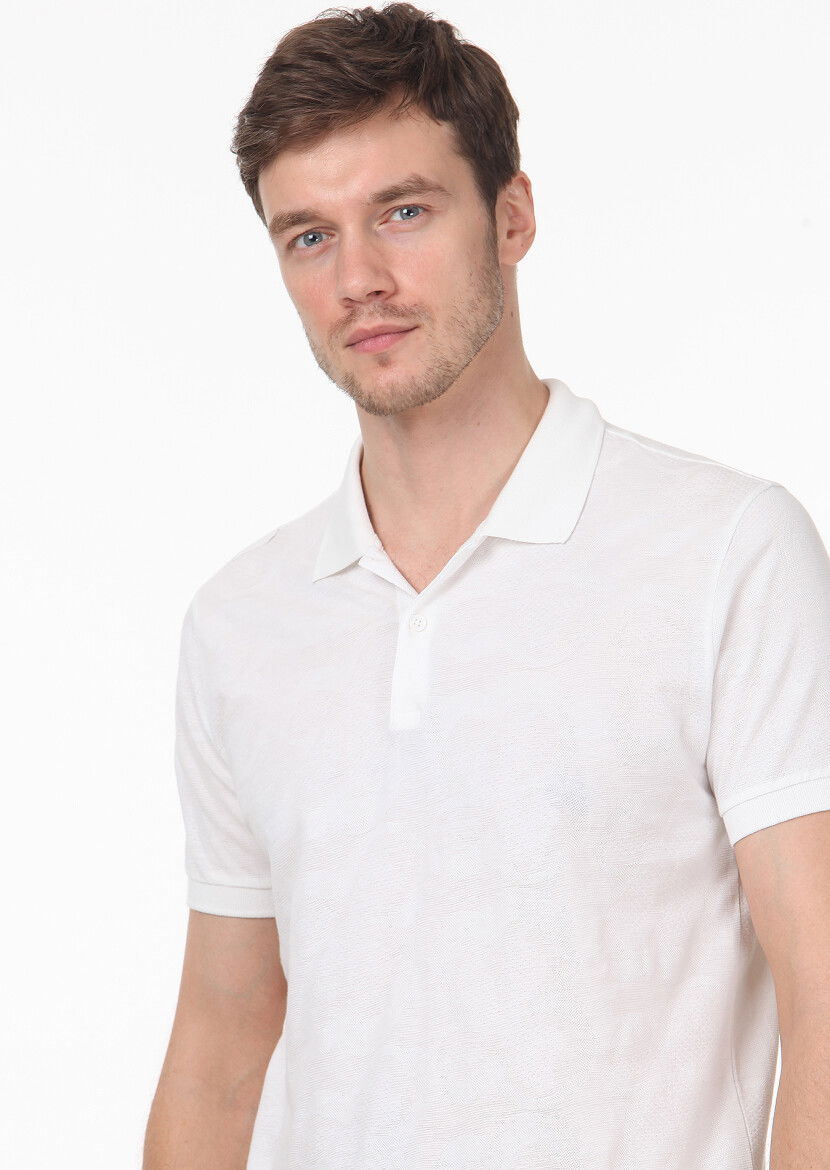 Beyaz Jakarlı Polo Yaka %100 Pamuk T-Shirt - 2
