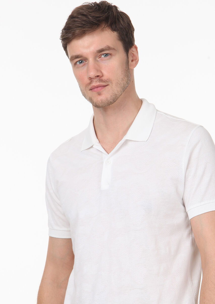 Beyaz Jakarlı Polo Yaka %100 Pamuk T-Shirt - 2
