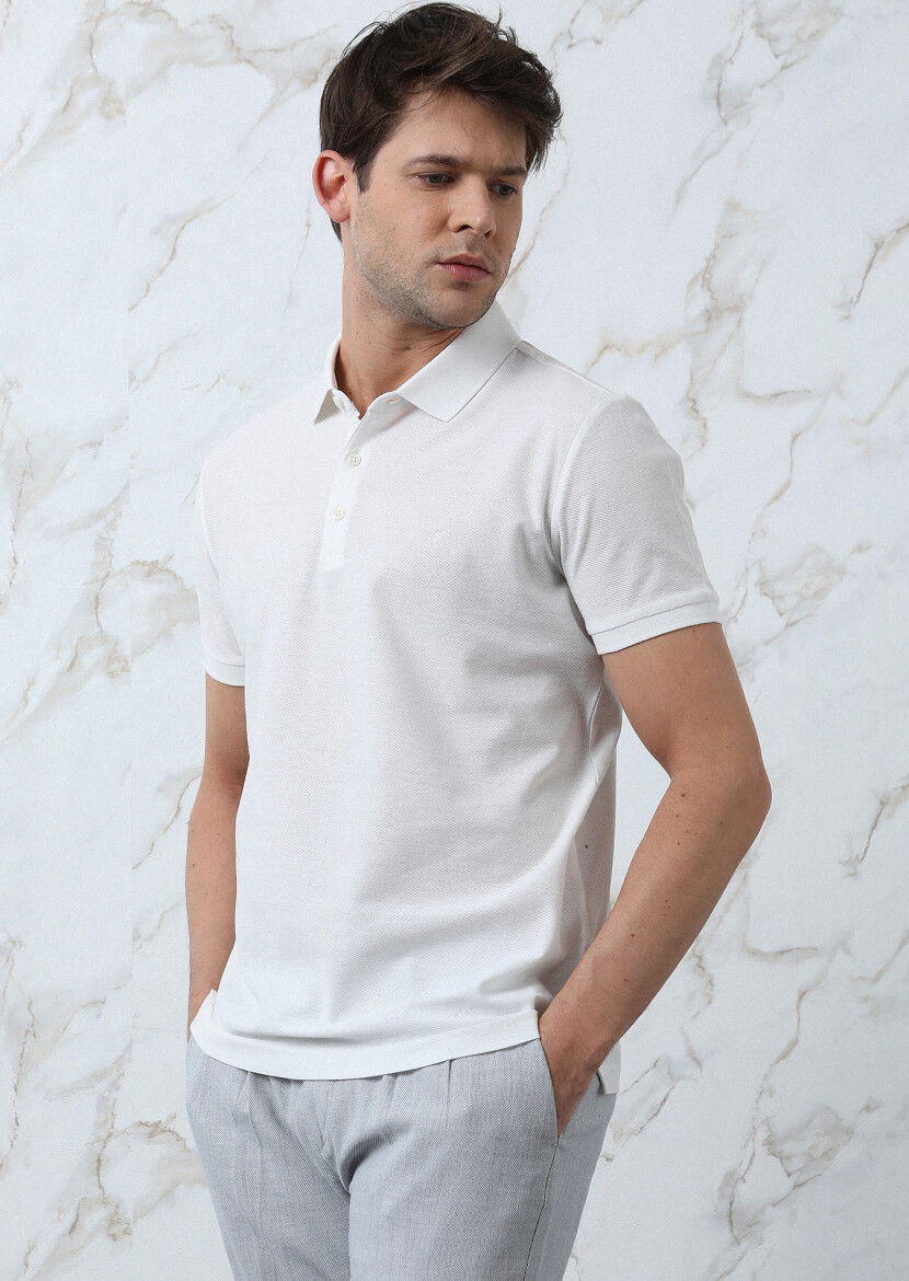 Beyaz Jakarlı Polo Yaka %100 Pamuk T-Shirt 