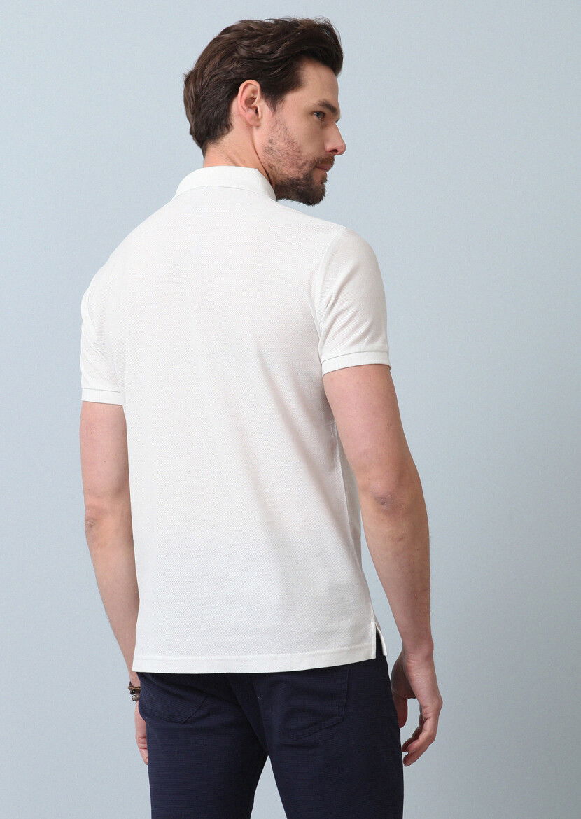 Beyaz Jakarlı Polo Yaka %100 Pamuk T-Shirt - 6