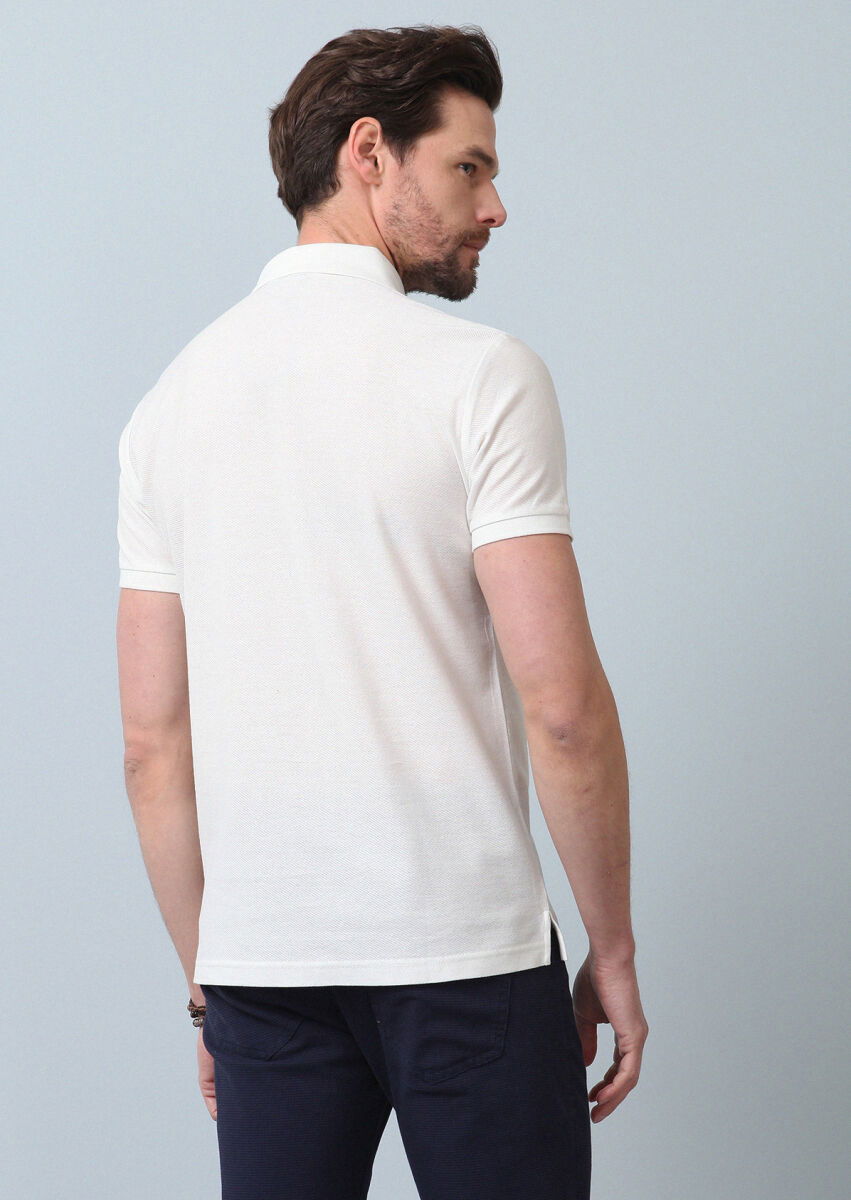 Beyaz Jakarlı Polo Yaka %100 Pamuk T-Shirt - 6