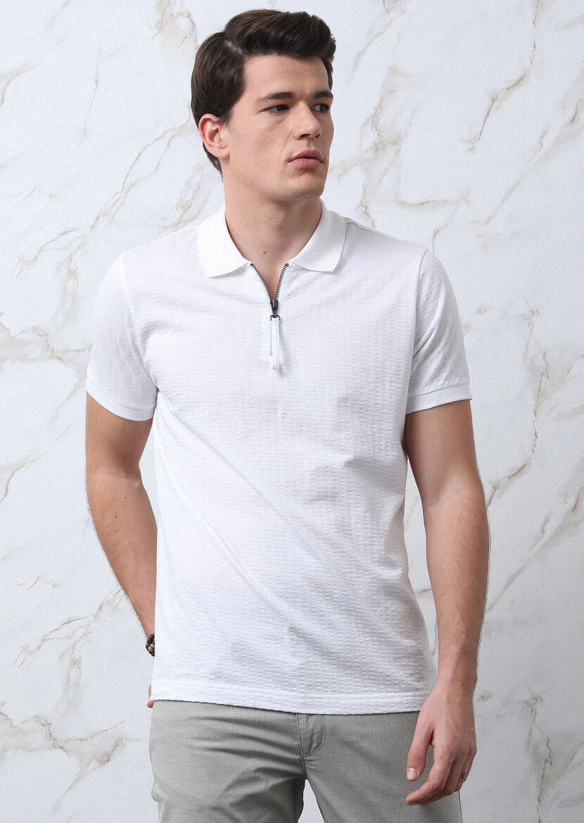 Beyaz Jakarlı Polo Yaka %100 Pamuk T-Shirt 