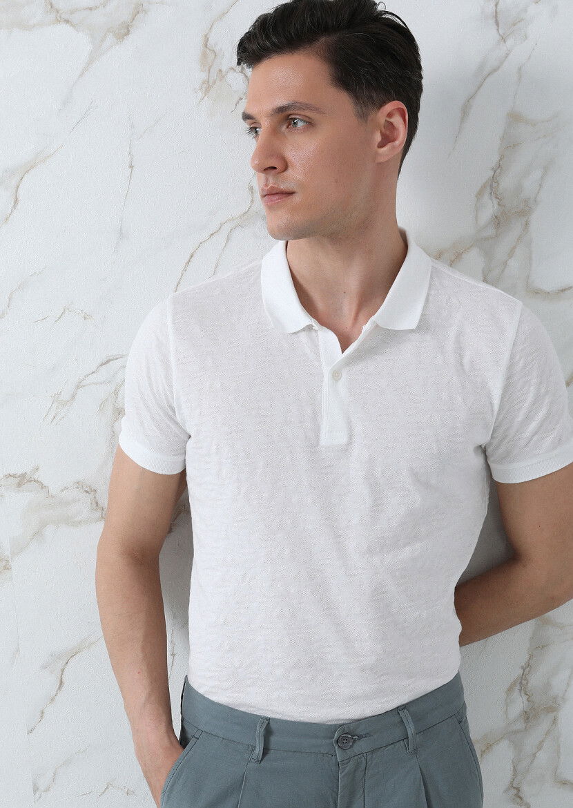 Beyaz Jakarlı Polo Yaka %100 Pamuk T-Shirt 