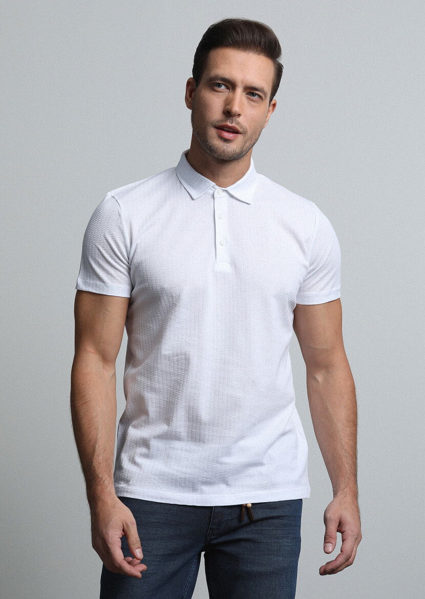 Beyaz Jakarlı Polo Yaka %100 Pamuk T-Shirt - 3