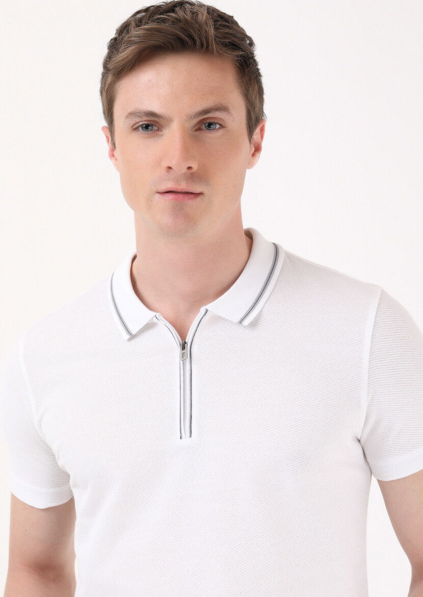 Beyaz Jakarlı Polo Yaka %100 Pamuk T-Shirt 