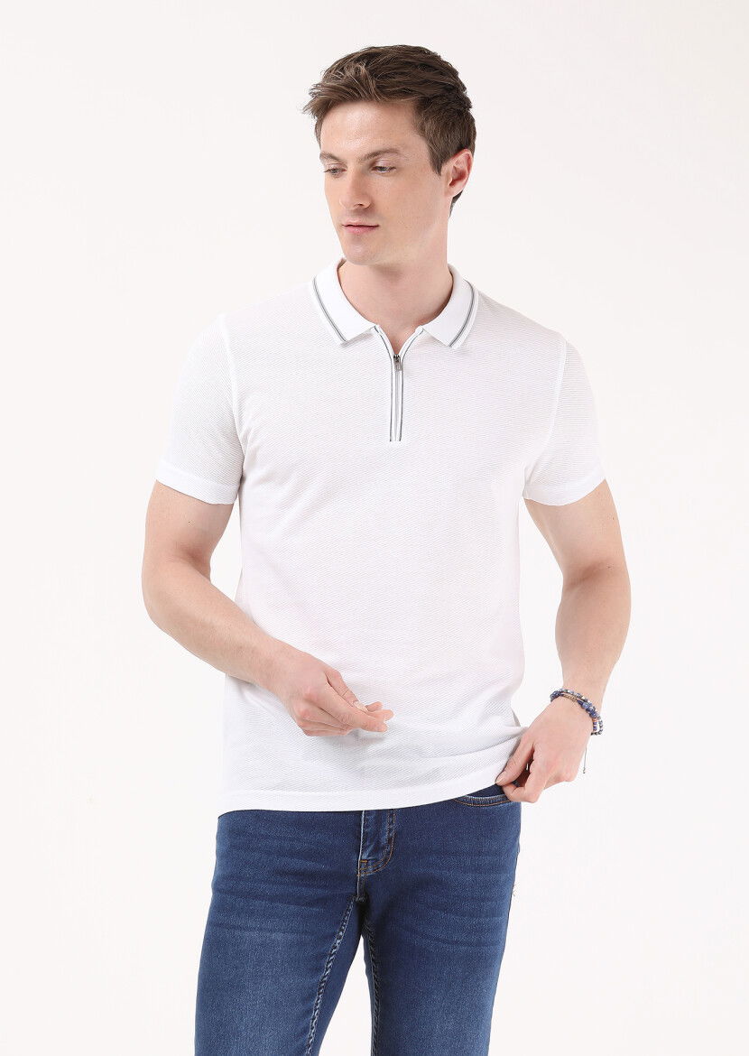 Beyaz Jakarlı Polo Yaka %100 Pamuk T-Shirt 