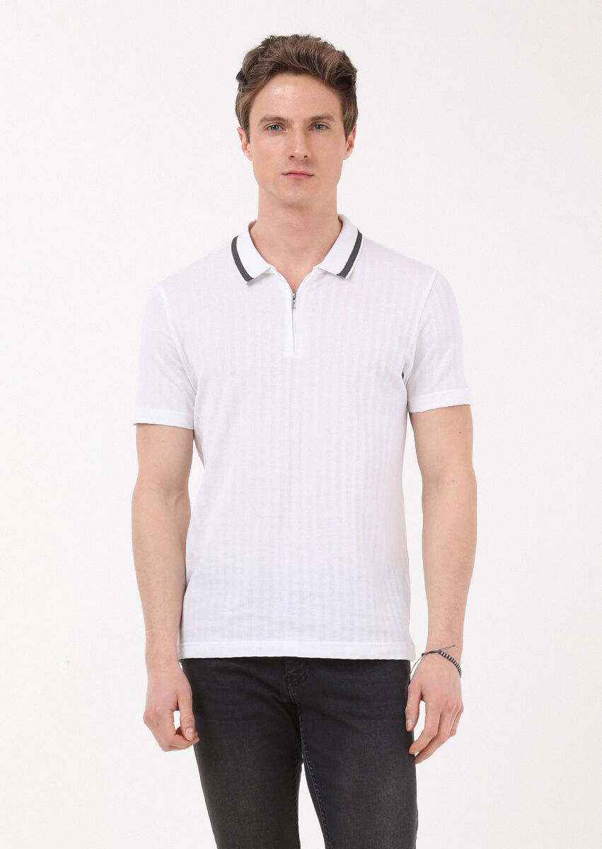 Beyaz Jakarlı Polo Yaka %100 Pamuk T-Shirt - 1
