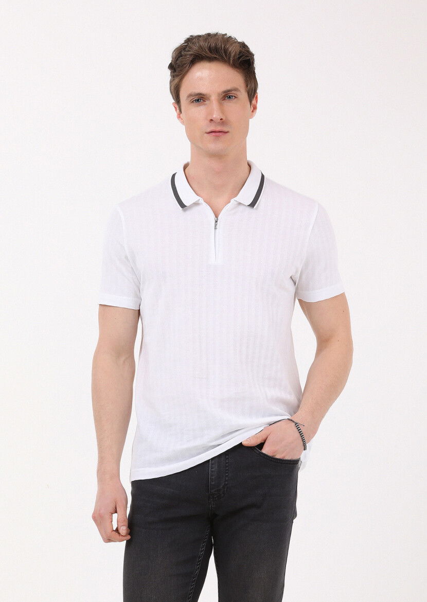 Beyaz Jakarlı Polo Yaka %100 Pamuk T-Shirt - 2