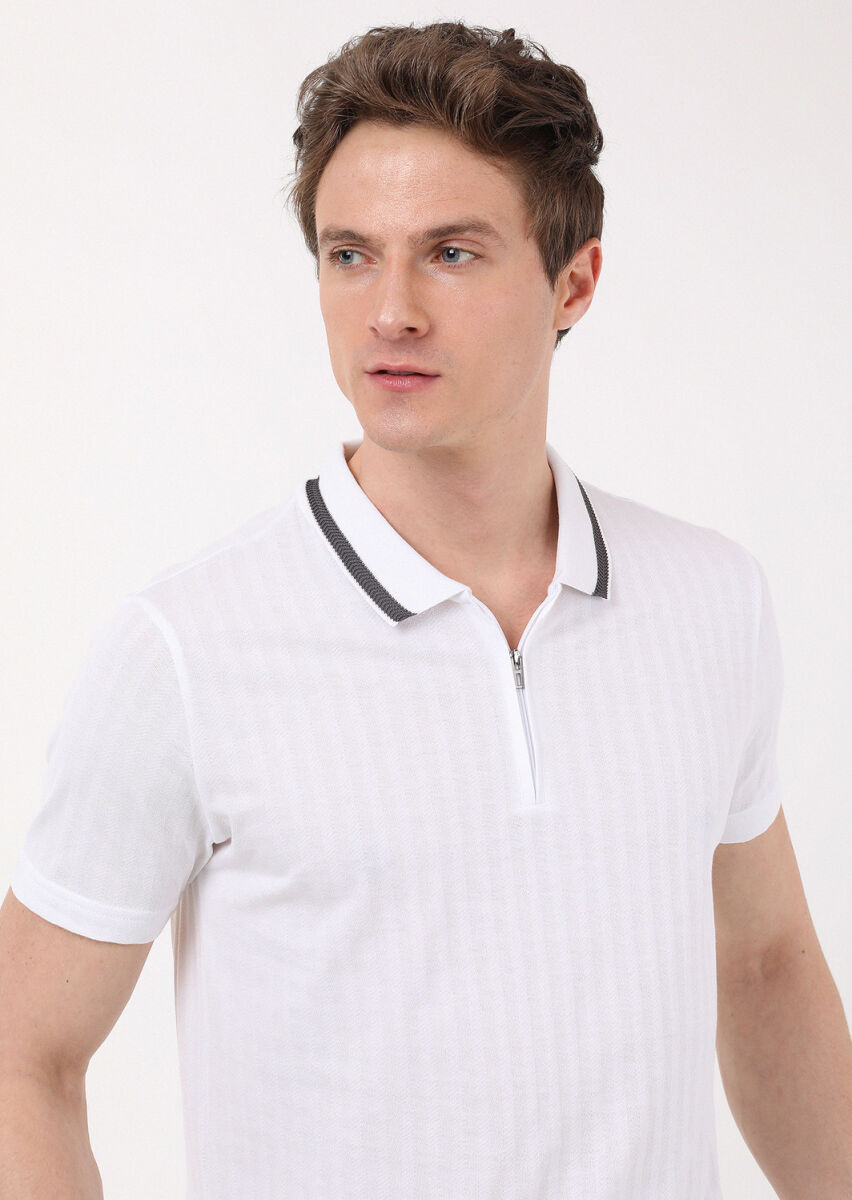 Beyaz Jakarlı Polo Yaka %100 Pamuk T-Shirt - 3