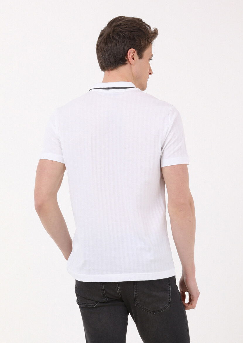 Beyaz Jakarlı Polo Yaka %100 Pamuk T-Shirt - 4