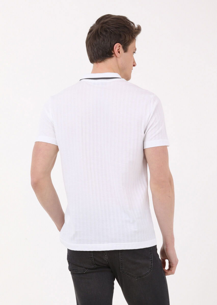 Beyaz Jakarlı Polo Yaka %100 Pamuk T-Shirt - 4
