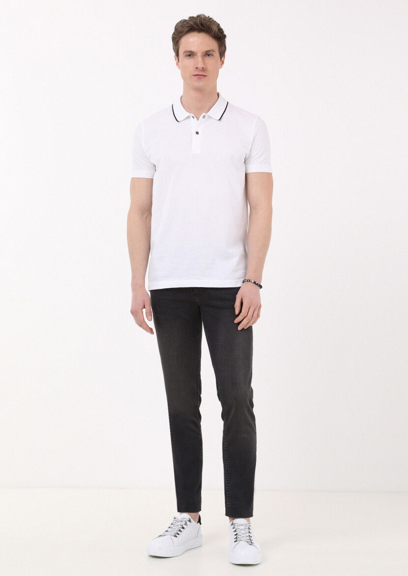 Beyaz Jakarlı Polo Yaka %100 Pamuk T-Shirt - 1