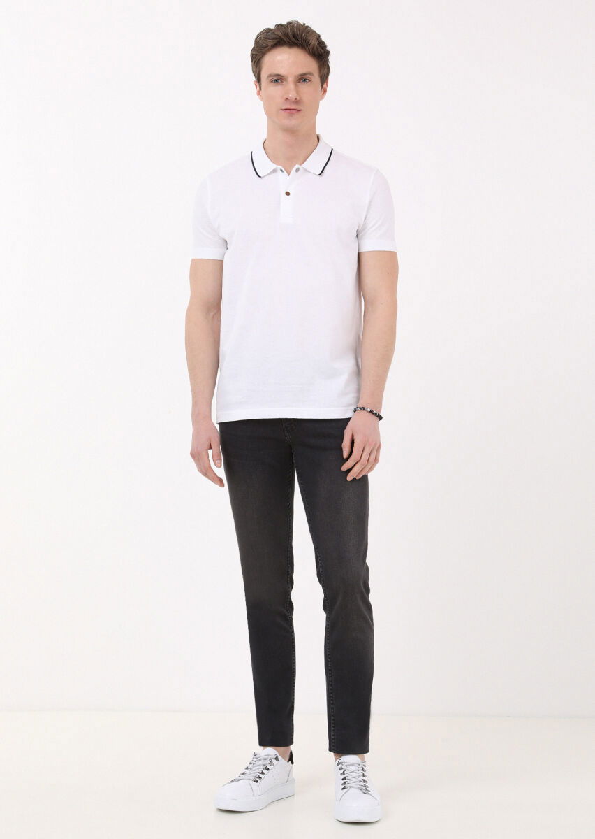 Beyaz Jakarlı Polo Yaka %100 Pamuk T-Shirt - 1