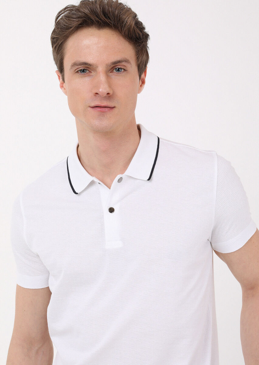 Beyaz Jakarlı Polo Yaka %100 Pamuk T-Shirt - 2