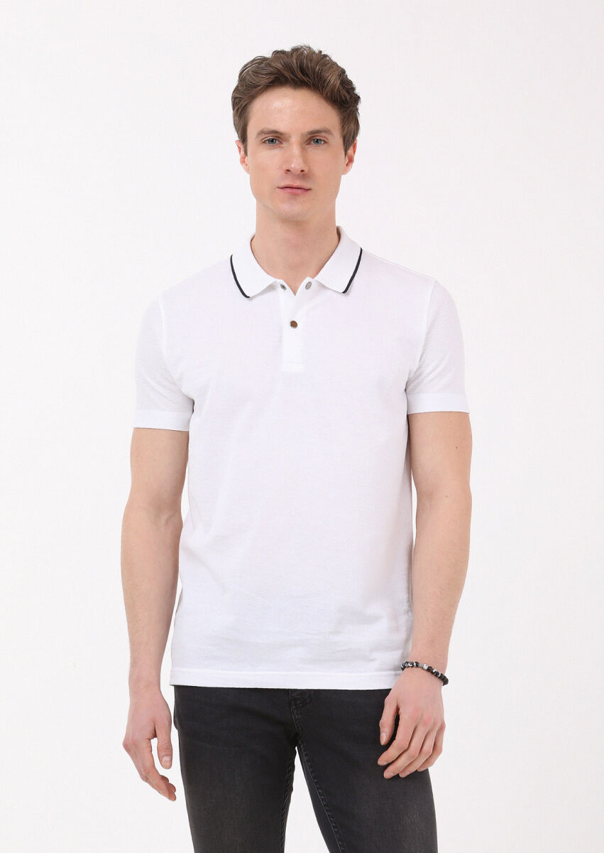 Beyaz Jakarlı Polo Yaka %100 Pamuk T-Shirt - 3