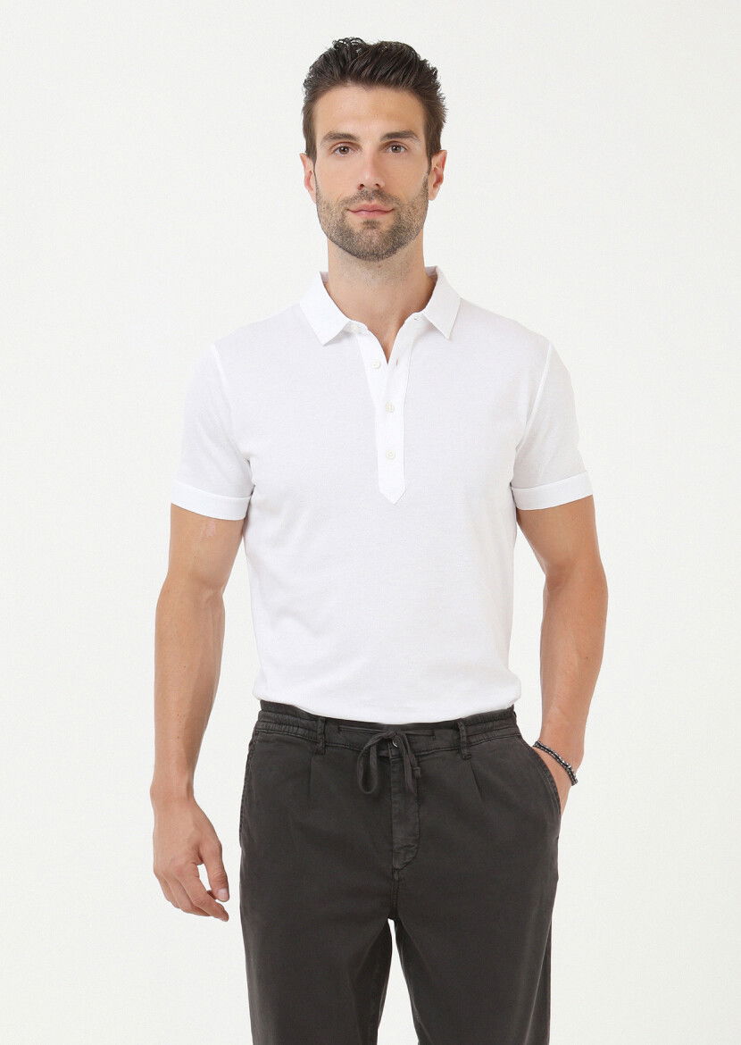 Beyaz Jakarlı Polo Yaka %100 Pamuk T-Shirt - 1