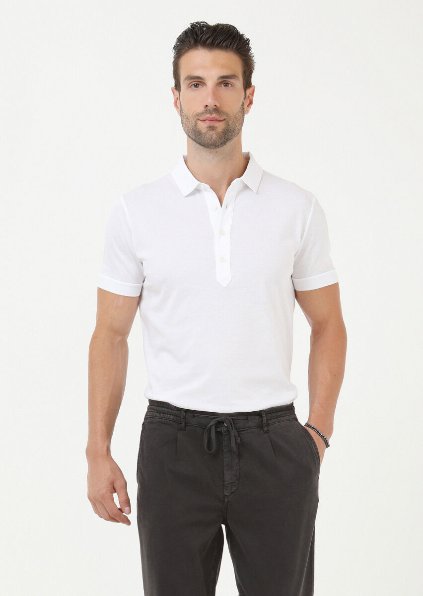 Beyaz Jakarlı Polo Yaka %100 Pamuk T-Shirt - 1