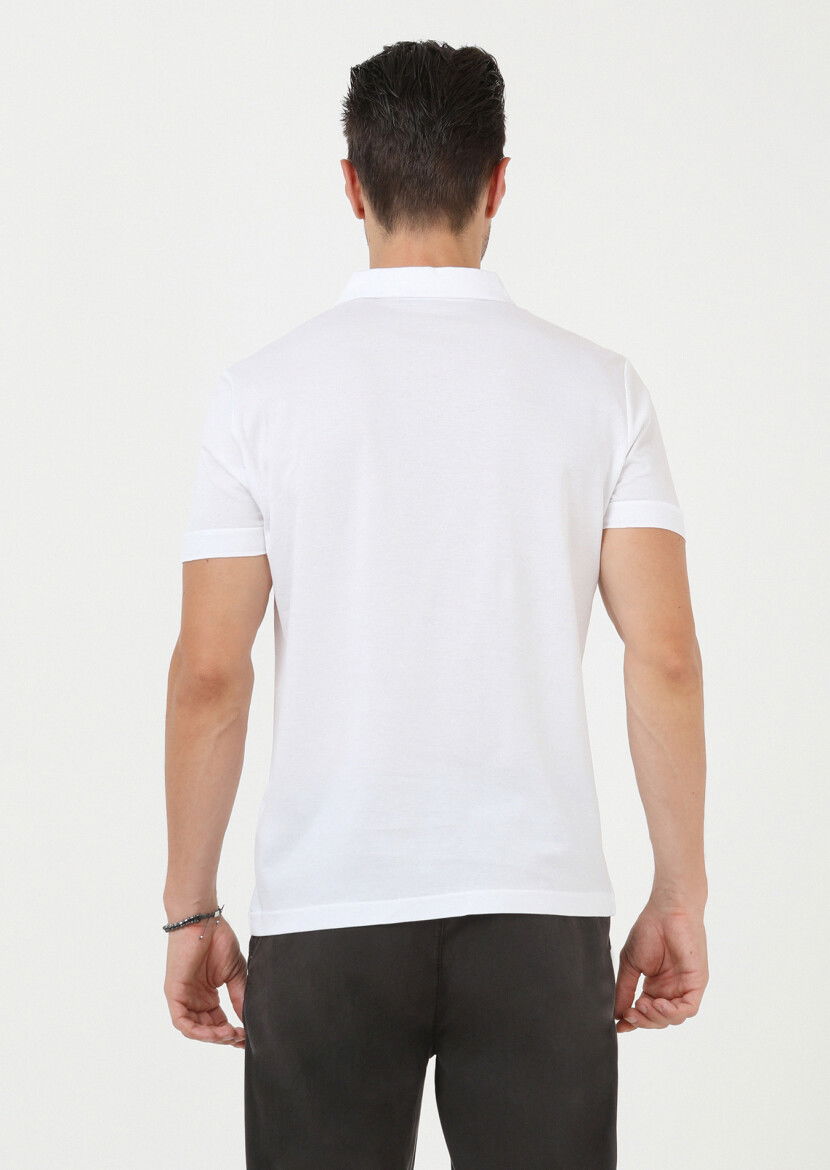 Beyaz Jakarlı Polo Yaka %100 Pamuk T-Shirt - 5