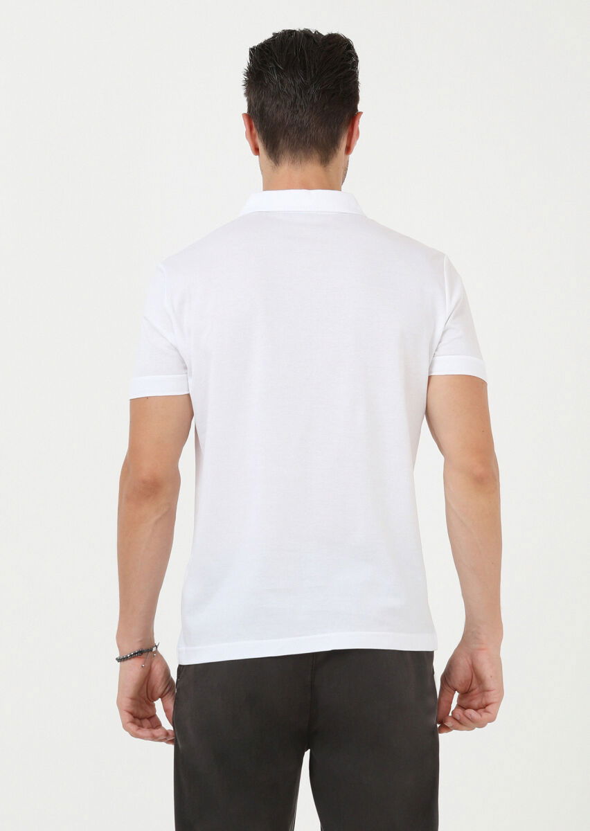 Beyaz Jakarlı Polo Yaka %100 Pamuk T-Shirt - 5