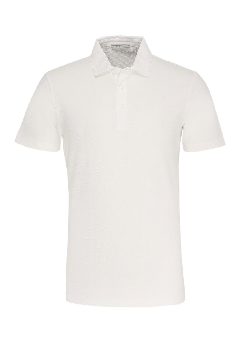 Beyaz Jakarlı Polo Yaka %100 Pamuk T-Shirt - 1