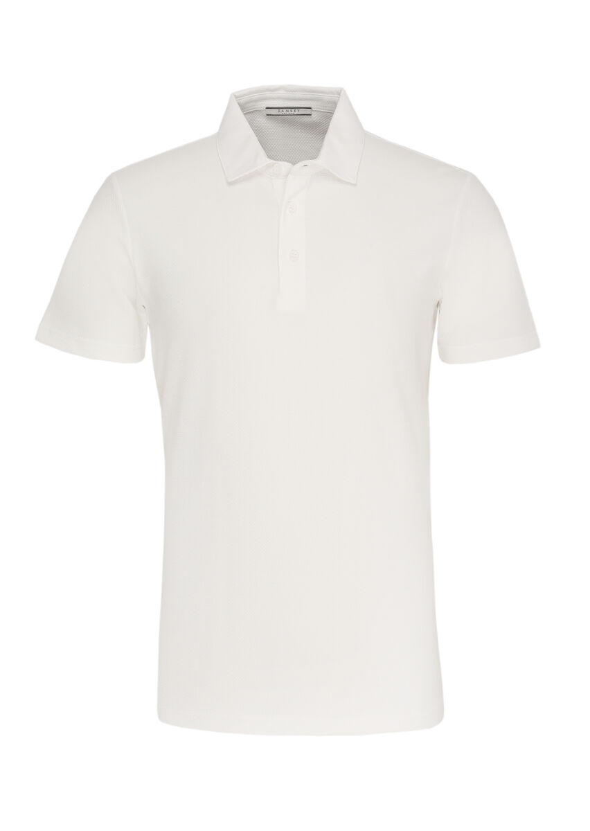 Beyaz Jakarlı Polo Yaka %100 Pamuk T-Shirt - 1