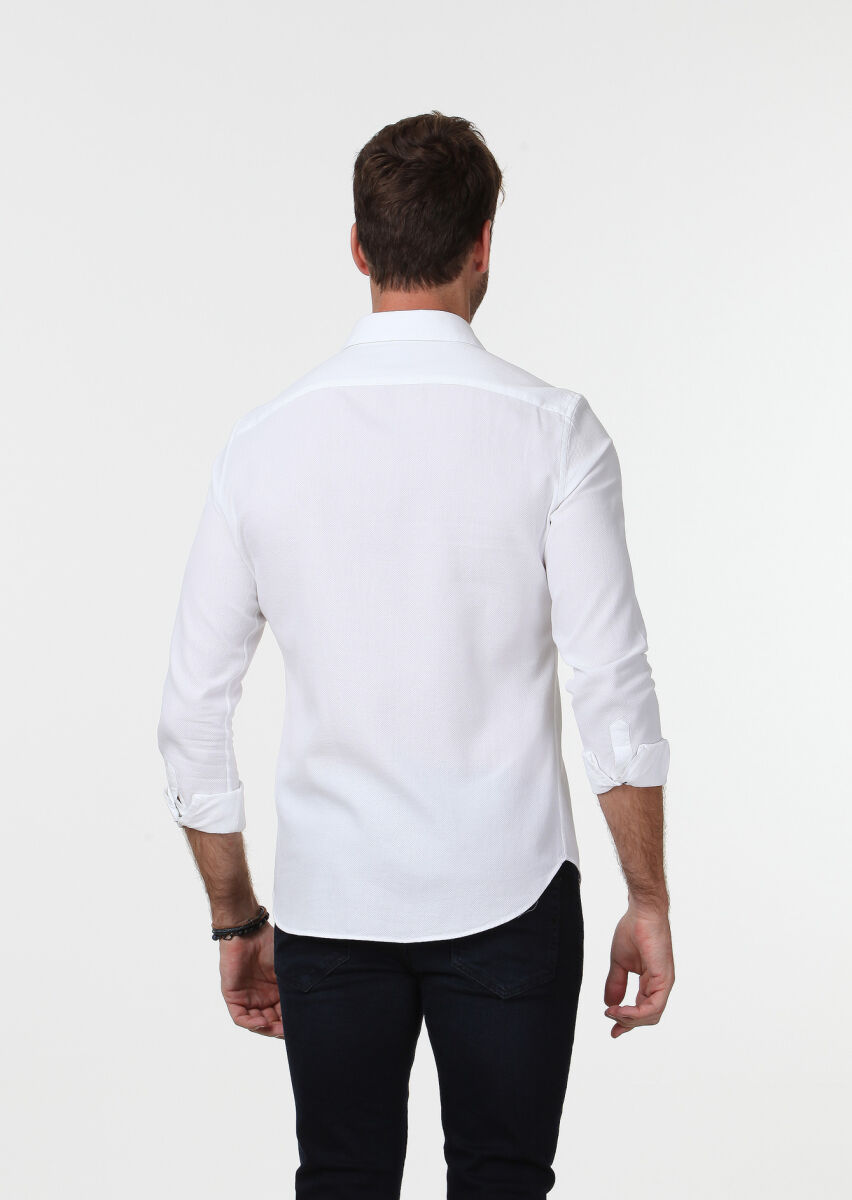 Beyaz Mikro Fitted Fit Dokuma Casual %100 Pamuk Gömlek - 5