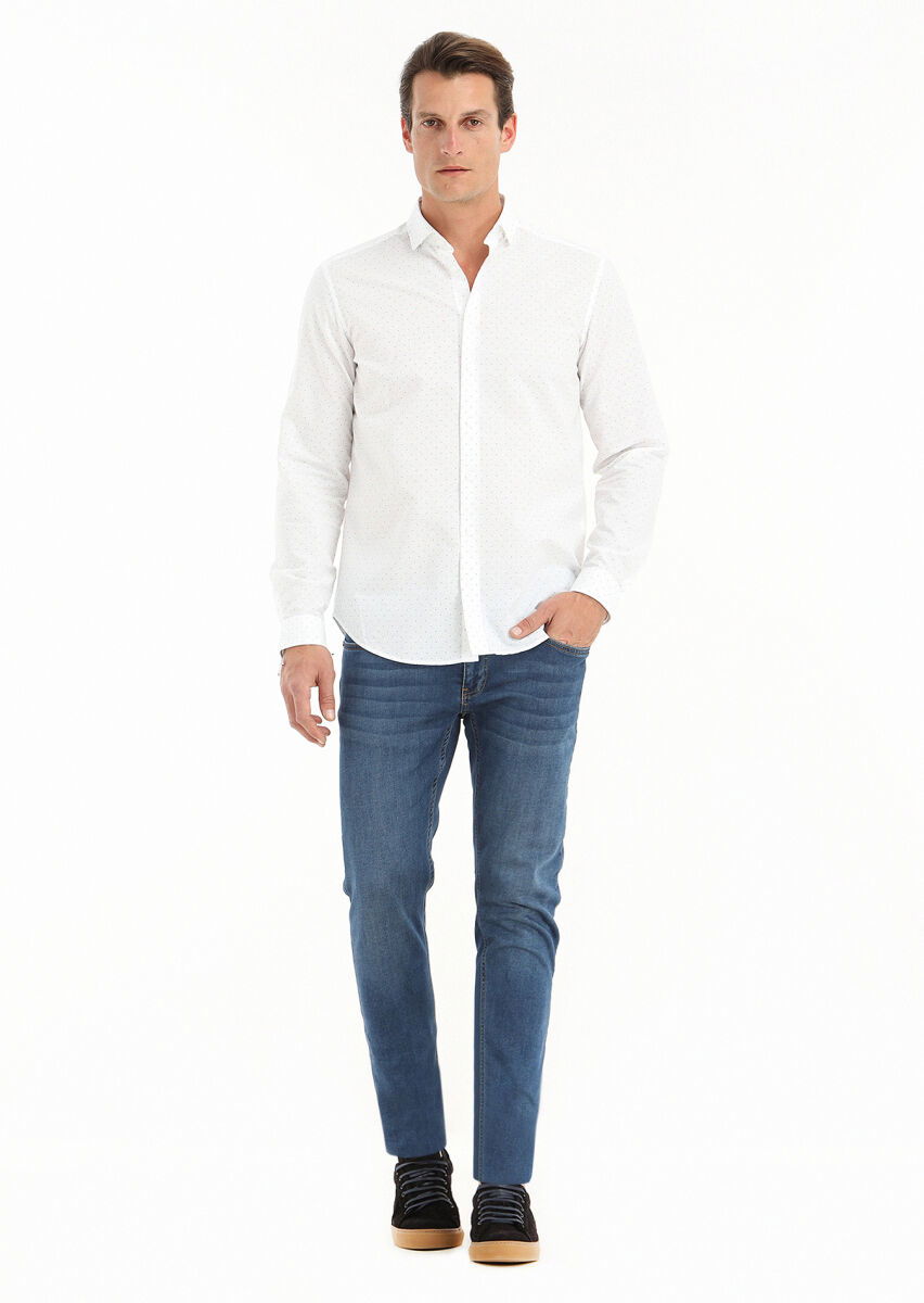 Beyaz Mikro Regular Fit Dokuma Casual Pamuk Karışımlı Gömlek - 1