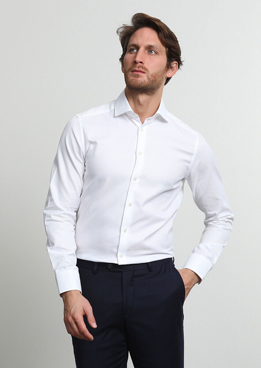 Beyaz Mikro Regular Fit Dokuma Klasik %100 Pamuk Gömlek - 1