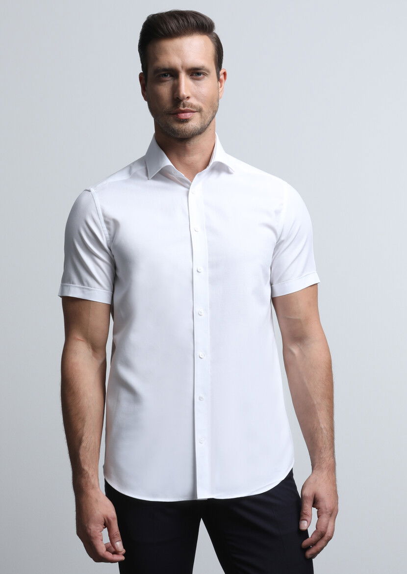 Beyaz Mikro Regular Fit Dokuma Klasik Pamuk Karışımlı Gömlek - 3
