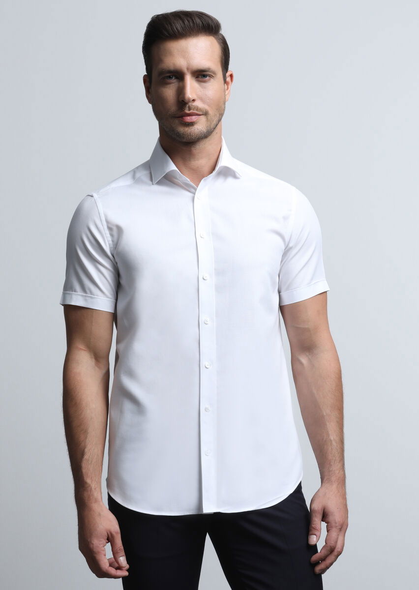 Beyaz Mikro Regular Fit Dokuma Klasik Pamuk Karışımlı Gömlek - 3