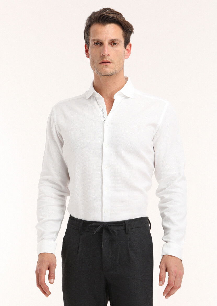 Beyaz Regular Fit Dokuma Casual %100 Pamuk Gömlek - 2