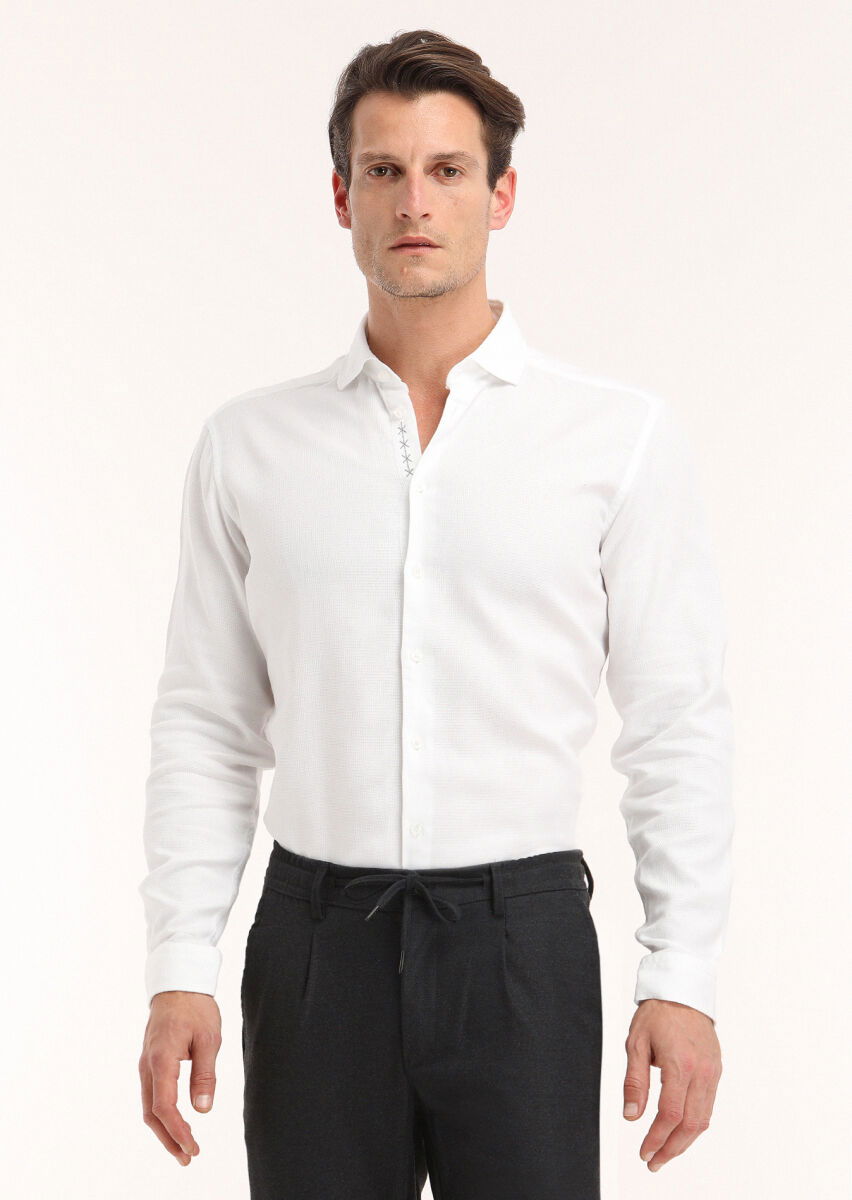 Beyaz Regular Fit Dokuma Casual %100 Pamuk Gömlek - 2