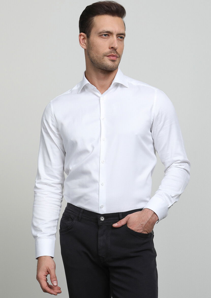 Beyaz Regular Fit Dokuma Klasik %100 Pamuk Gömlek - 3