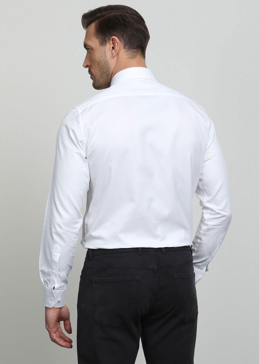 Beyaz Regular Fit Dokuma Klasik %100 Pamuk Gömlek - 4