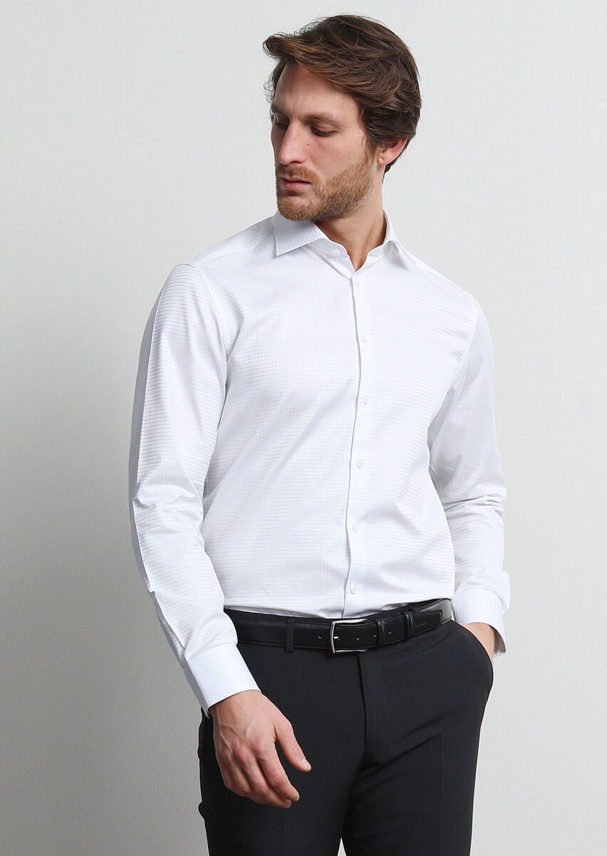 Beyaz Regular Fit Dokuma Klasik %100 Pamuk Gömlek - 3