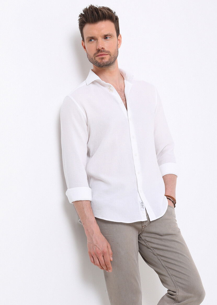 Beyaz Slim Fit Dokuma Casual %100 Pamuk Gömlek - 1