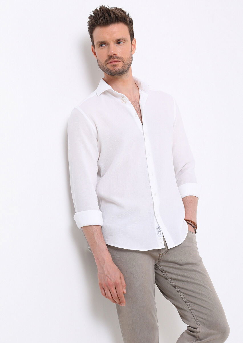 Beyaz Slim Fit Dokuma Casual %100 Pamuk Gömlek - 1
