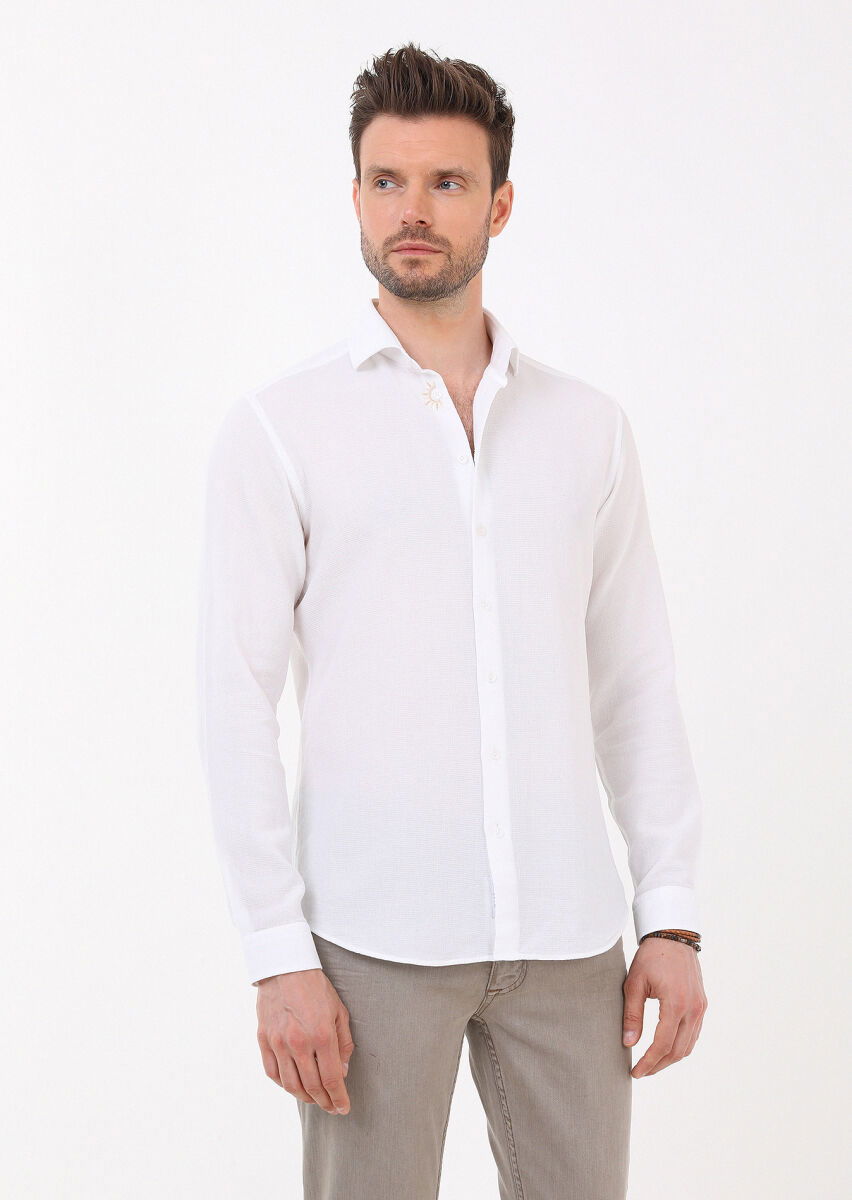 Beyaz Slim Fit Dokuma Casual %100 Pamuk Gömlek - 3