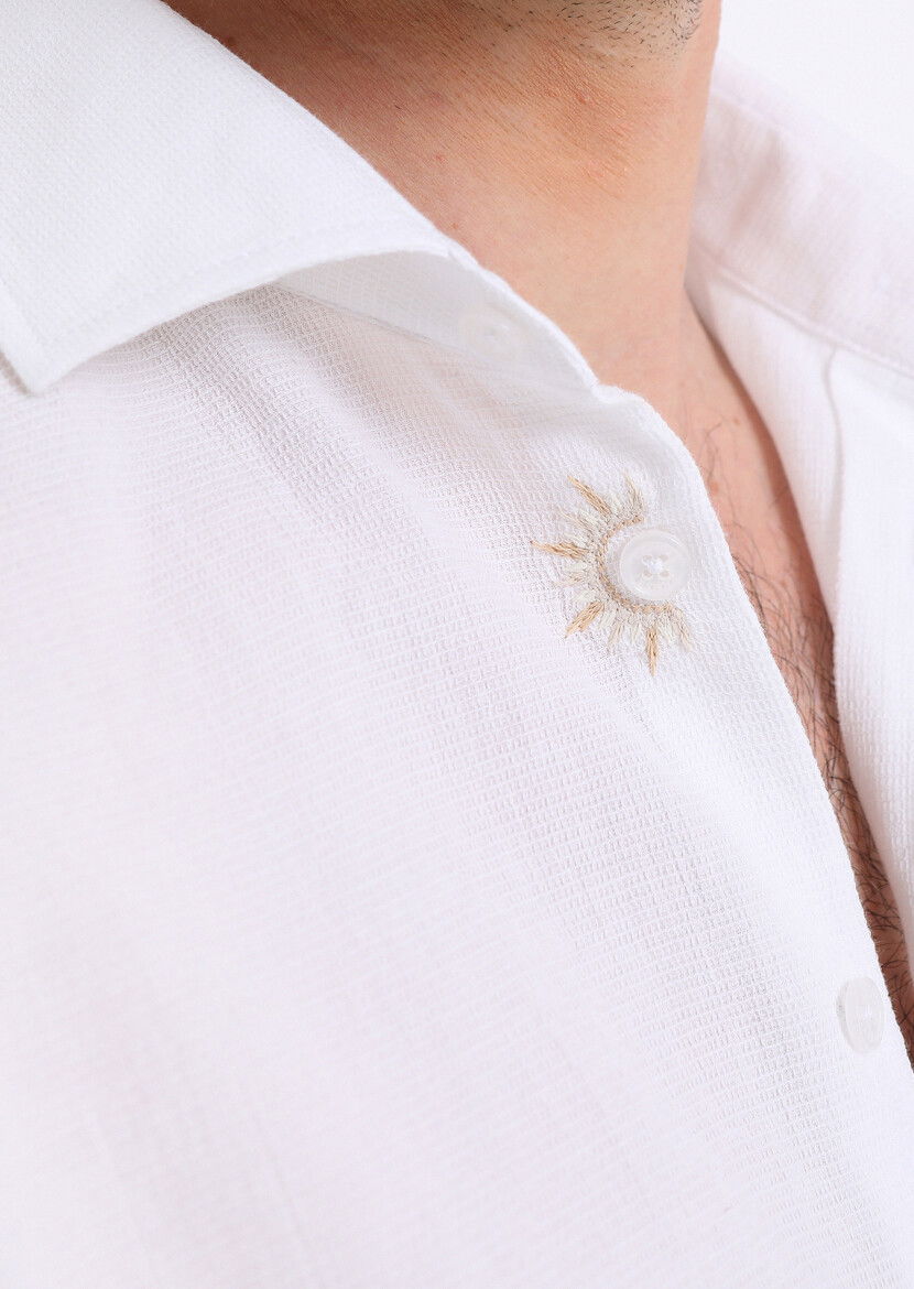 Beyaz Slim Fit Dokuma Casual %100 Pamuk Gömlek - 4