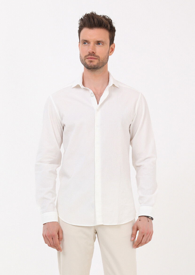 Beyaz Slim Fit Dokuma Casual Pamuk Karışımlı Gömlek - 3