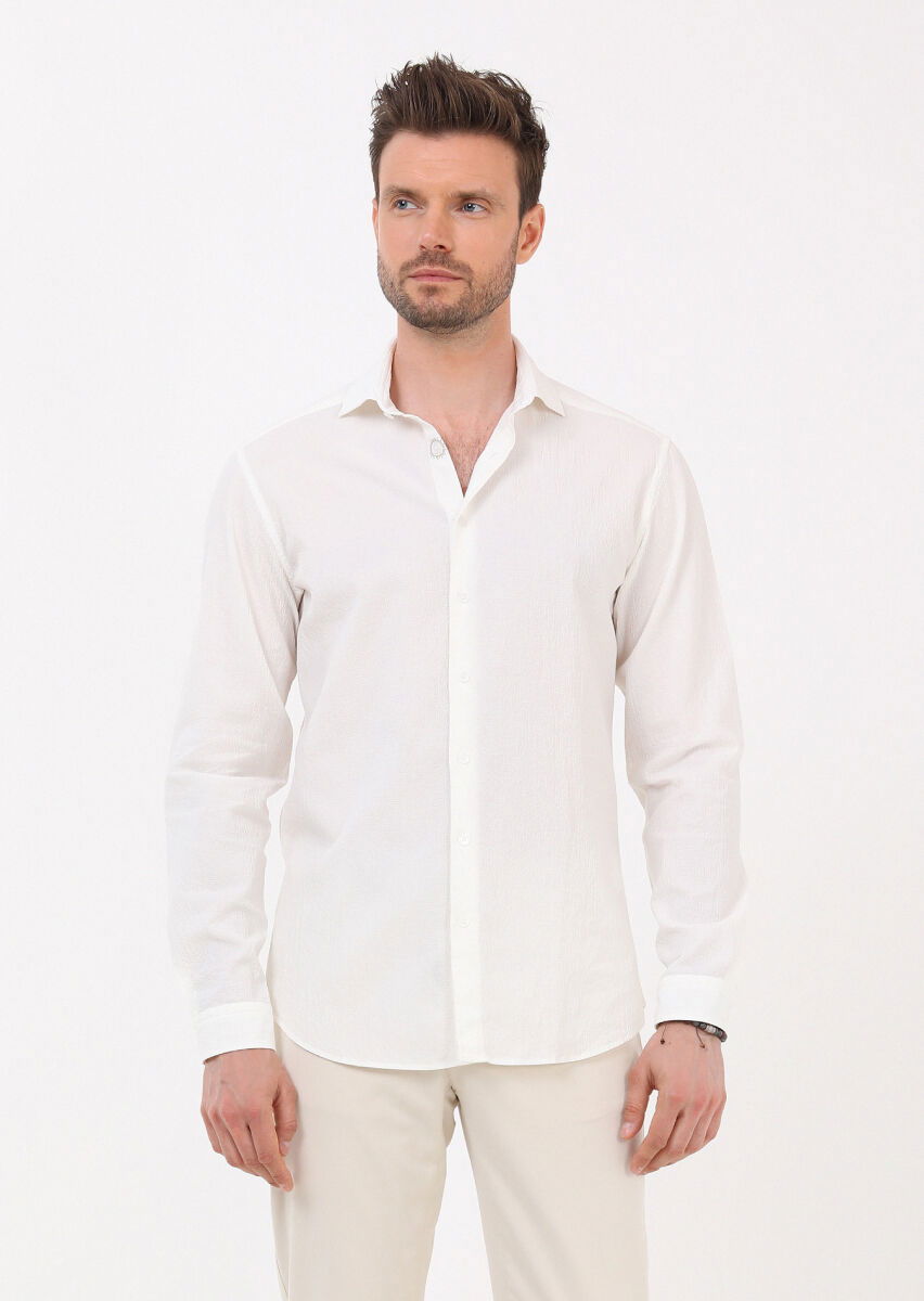 Beyaz Slim Fit Dokuma Casual Pamuk Karışımlı Gömlek - 3