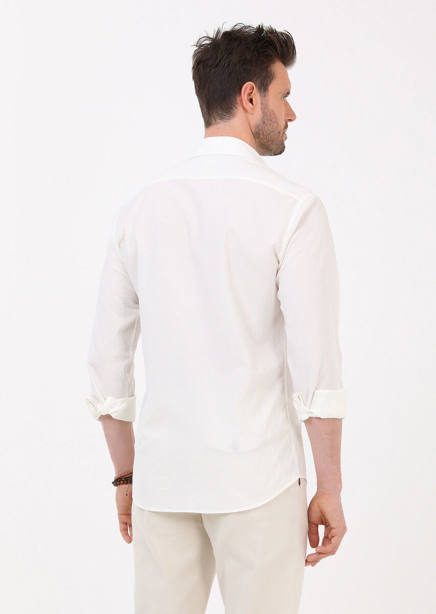 Beyaz Slim Fit Dokuma Casual Pamuk Karışımlı Gömlek - 5