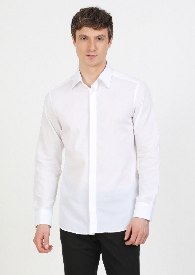 Beyaz Slim Fit Dokuma Klasik %100 Pamuk Gömlek - 1