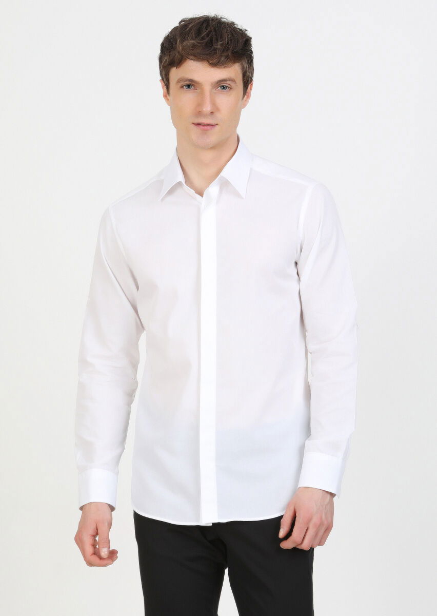 Beyaz Slim Fit Dokuma Klasik %100 Pamuk Gömlek - 1