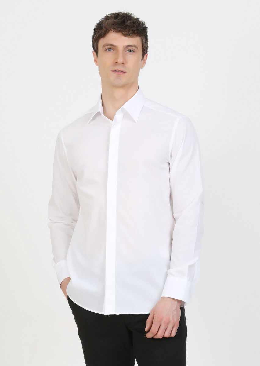 Beyaz Slim Fit Dokuma Klasik %100 Pamuk Gömlek - 2